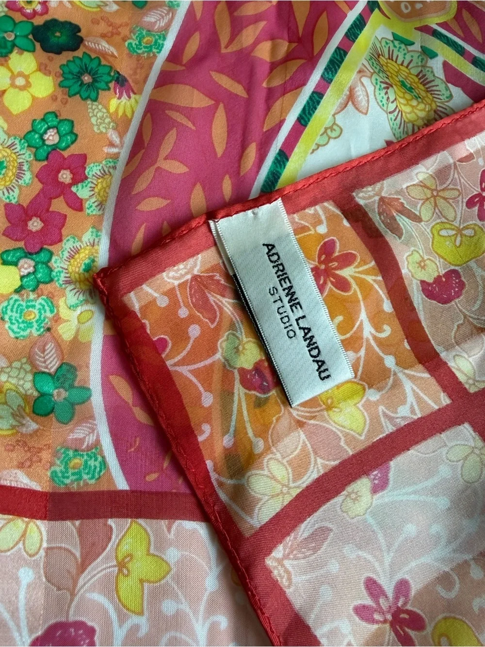 Vintage silk Pink, Green & Yellow Floral Square summer foulard Scarf